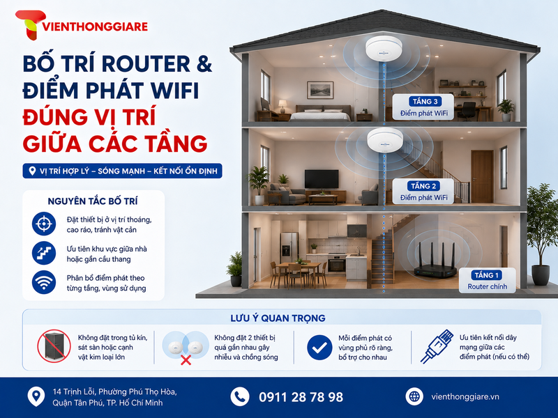 Bố trí router và điểm phát WiFi đúng vị trí giữa các tầng