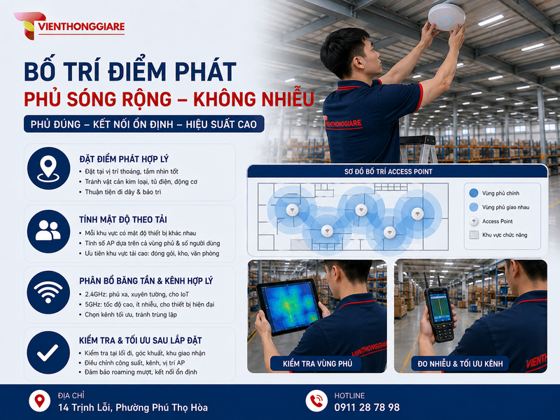 Cách bố trí điểm phát để phủ sóng rộng mà không gây nhiễu
