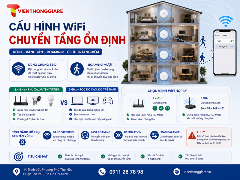 Cấu hình kênh, băng tần và roaming để WiFi chuyển tầng ổn định